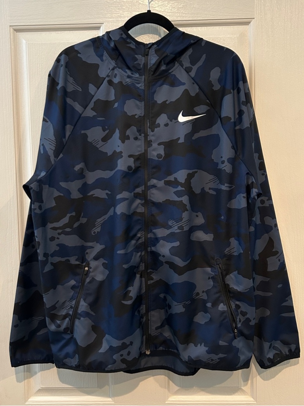 Nike Dri-Fit Blue & Black Camo Hooded Full Zip Windbreaker Jacket